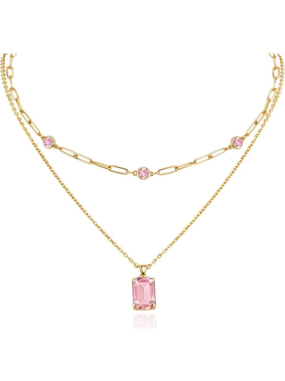 Gold Layered Pendant Necklace Set for Women - 14k Plated Crystal Choker